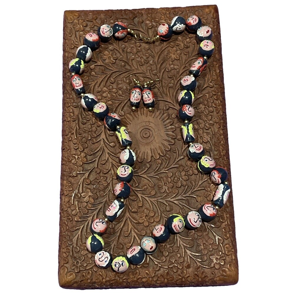 Vintage Atisan Necklace & Earrings Set Hand Painted Figural/ Lady Face Beads